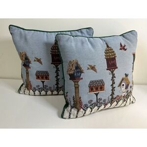 2 Riverdale Tapestry Needlepoint Pillows Birdhouse Floral Garden Bird 14" Cottag